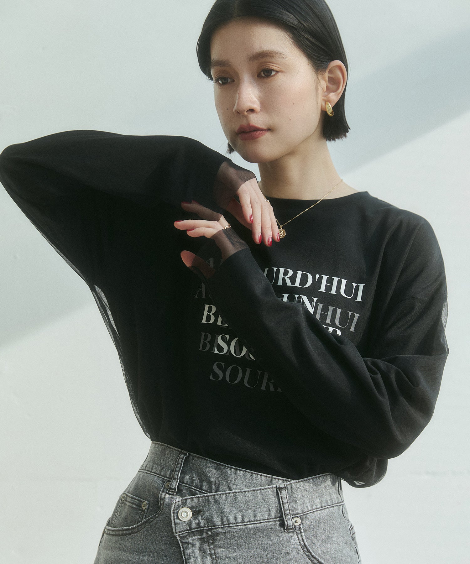 チュールレイヤード プリントロンT