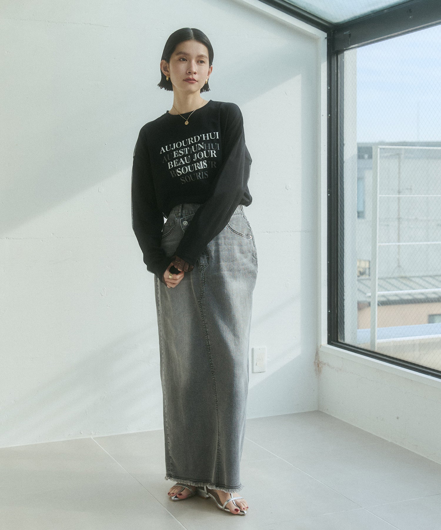 TULLE LAYERED PRINT LONG T-SHIRT