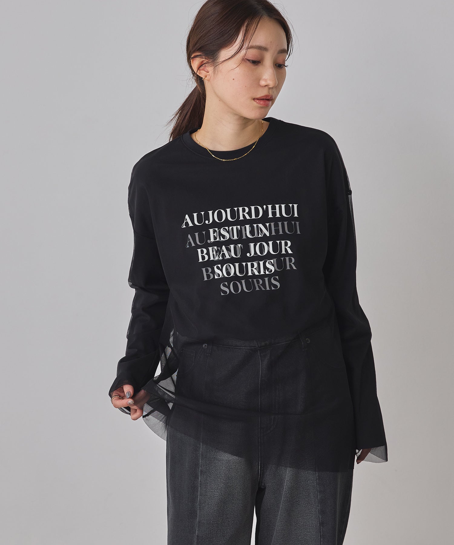 TULLE LAYERED PRINT LONG T-SHIRT