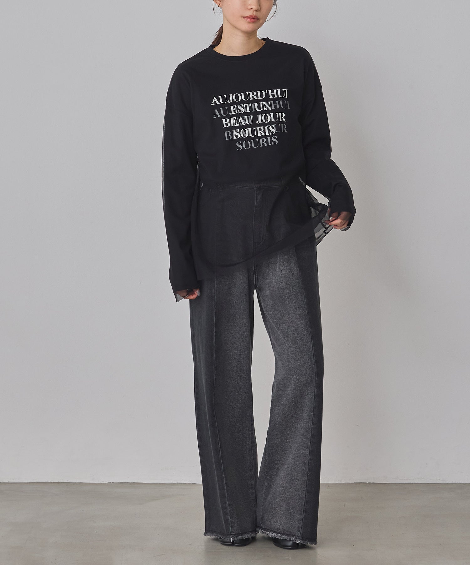 チュールレイヤード プリントロンT