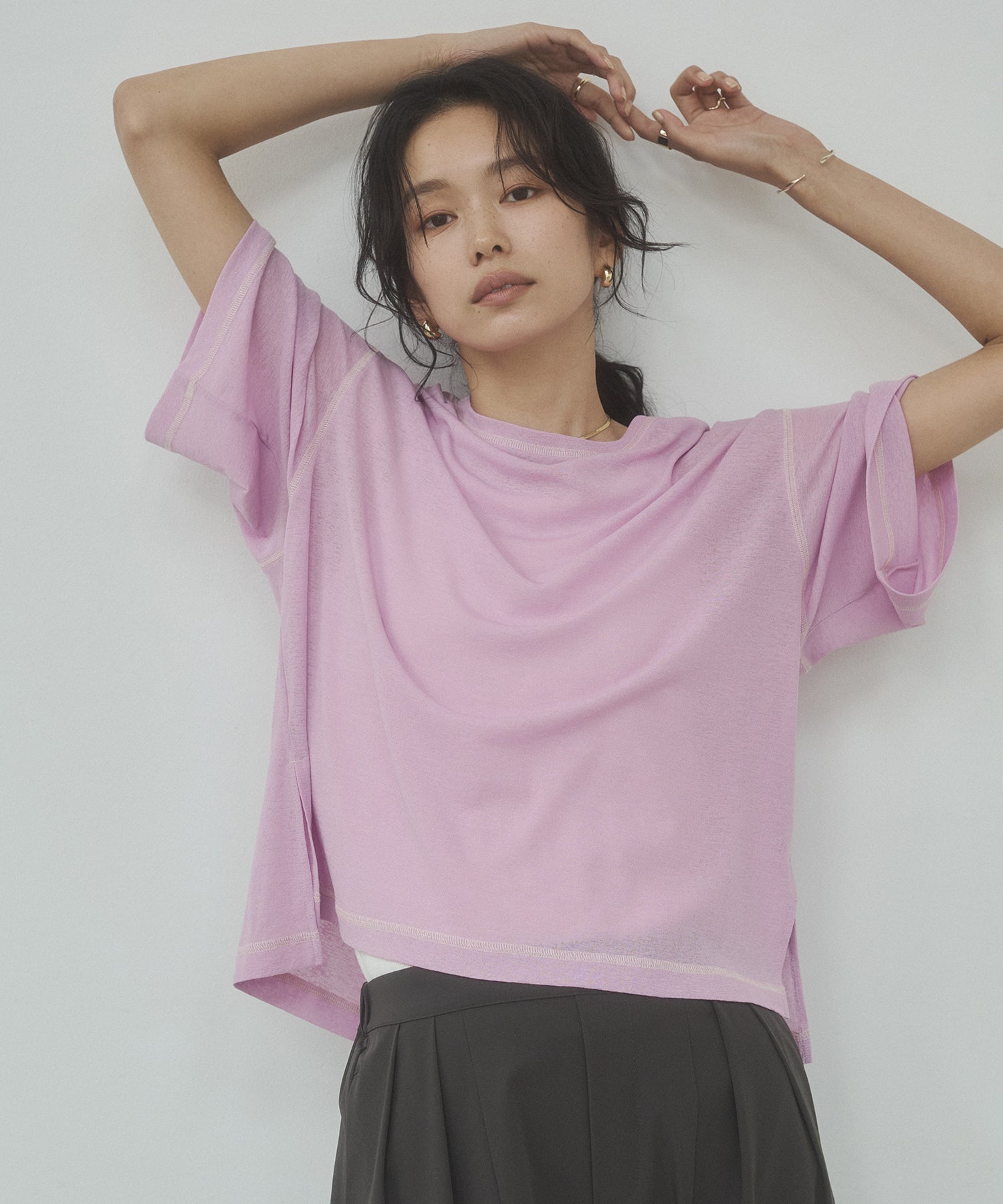 SHEER WAFFLE T-SHIRT WITH SUBTLE COLOR-BLOCKED STITCHING
