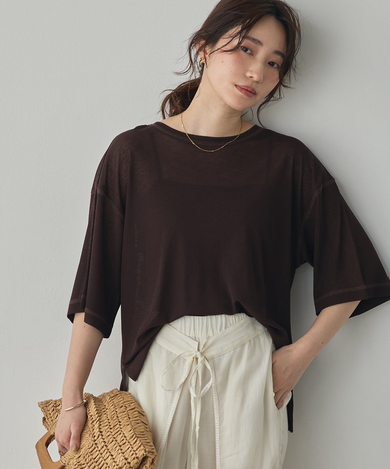 SHEER WAFFLE T-SHIRT WITH SUBTLE COLOR-BLOCKED STITCHING
