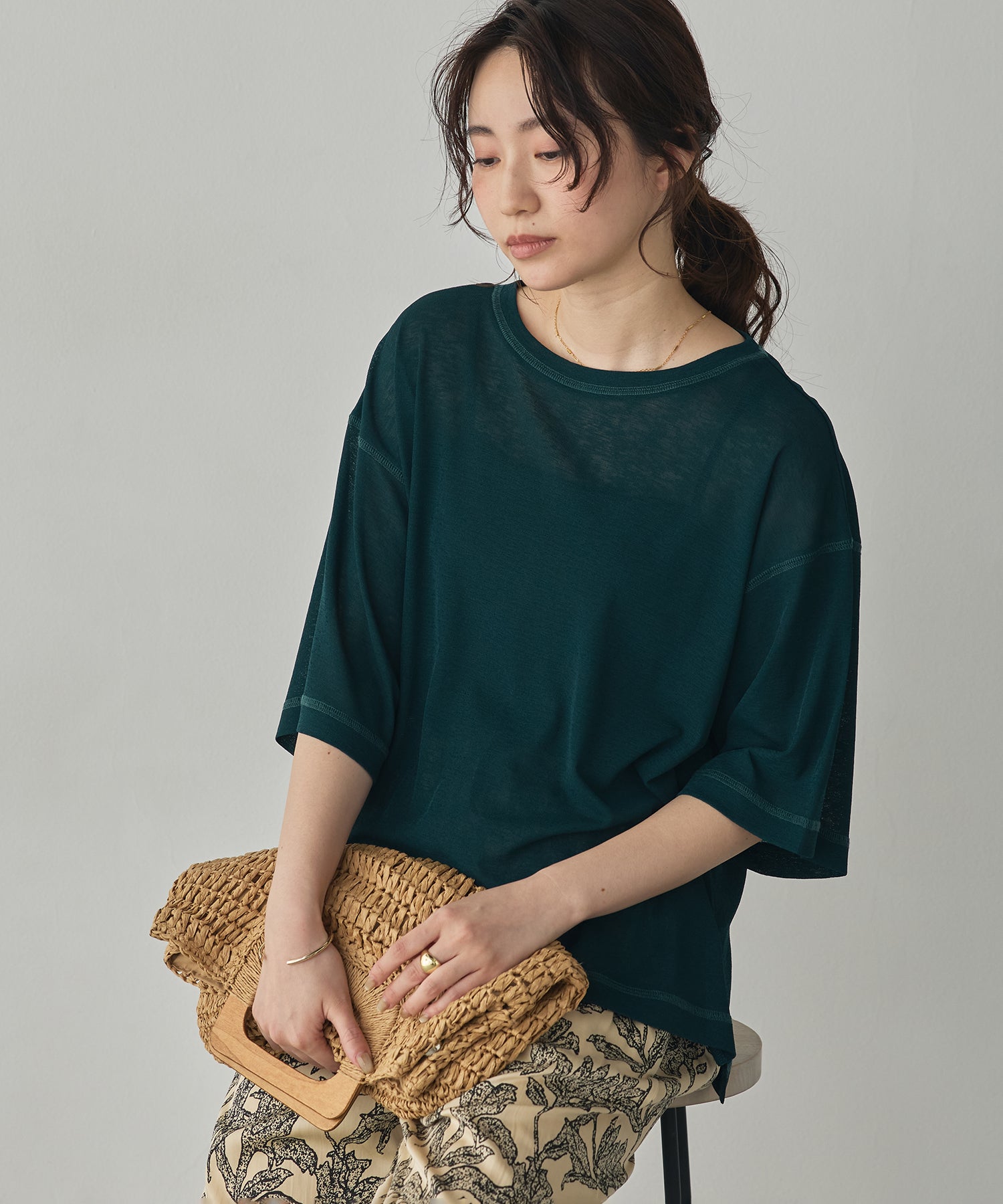 SHEER WAFFLE T-SHIRT WITH SUBTLE COLOR-BLOCKED STITCHING
