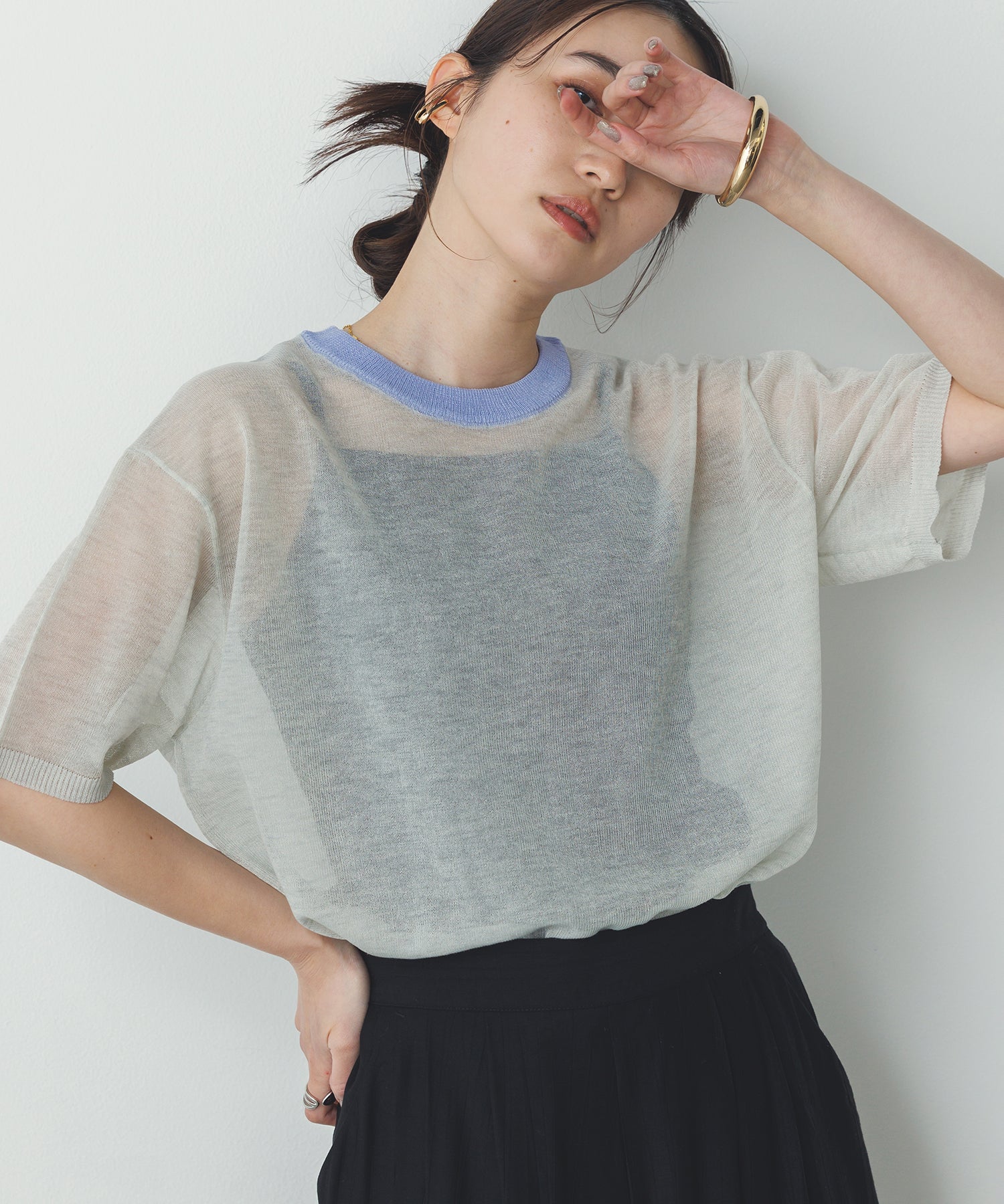 バイカラー シアー半袖ニット