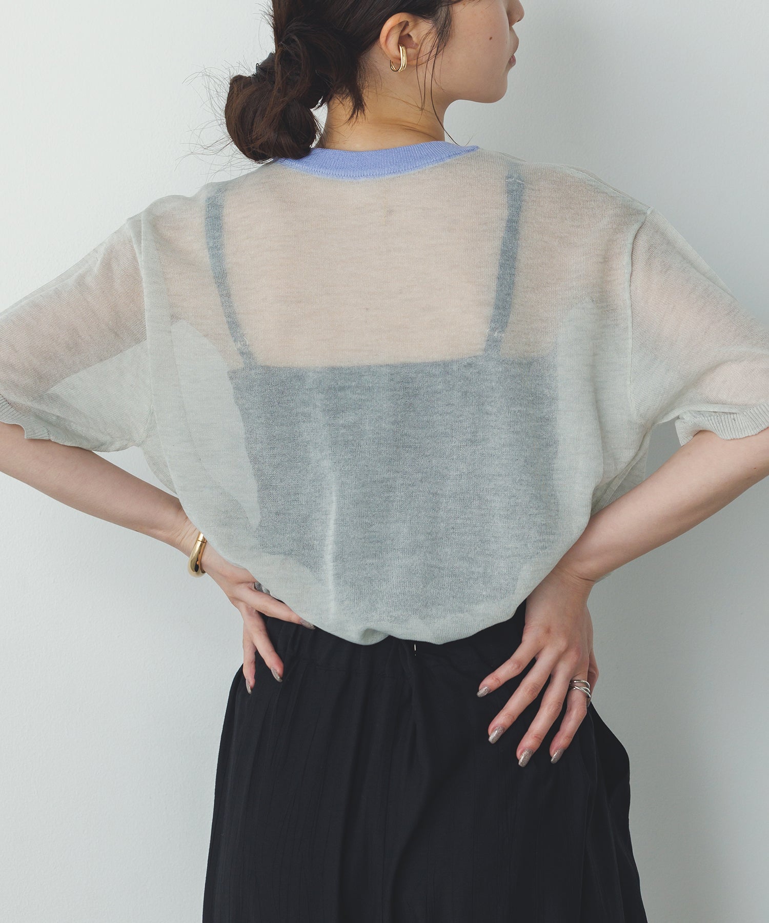 バイカラー シアー半袖ニット