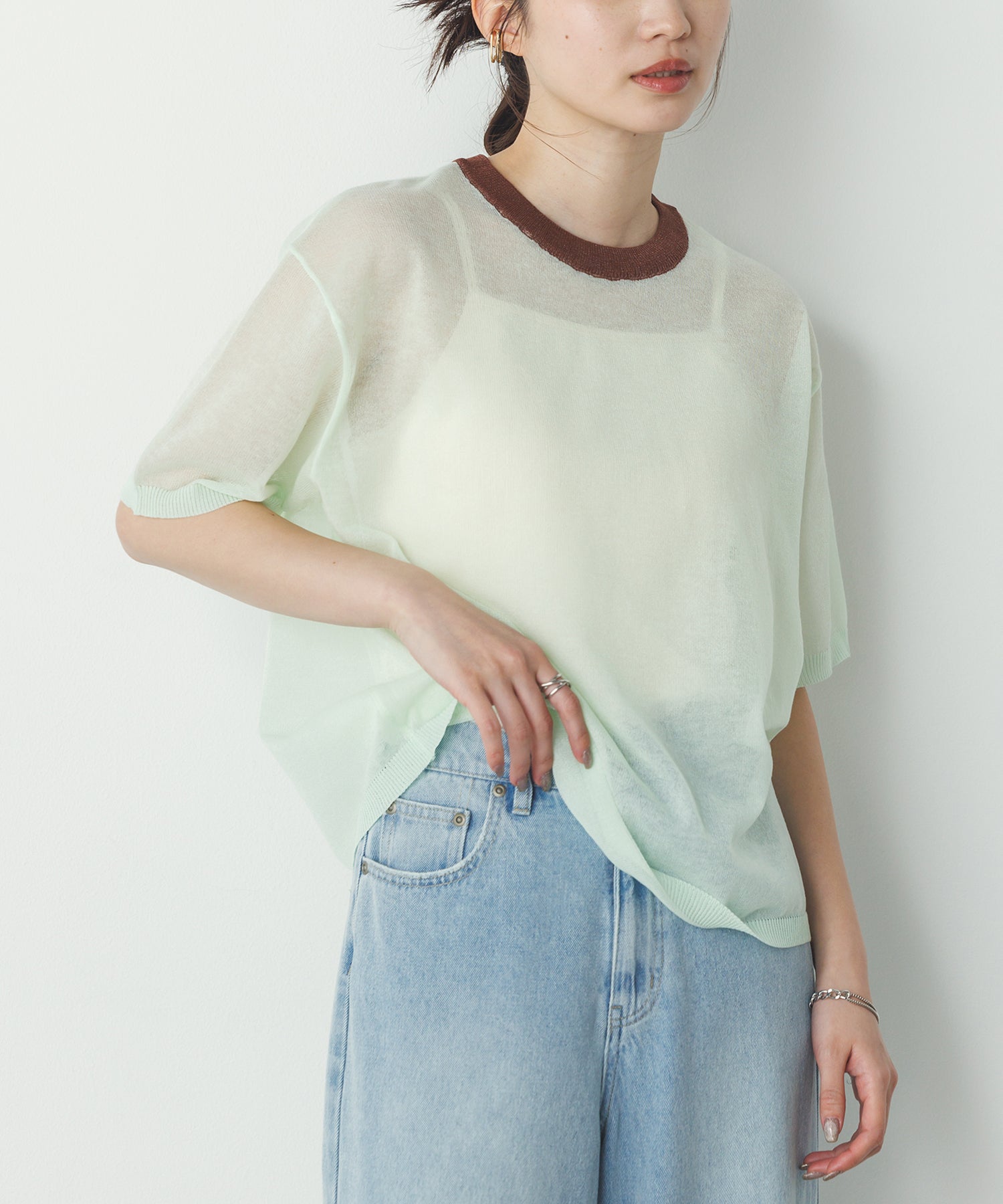 バイカラー シアー半袖ニット