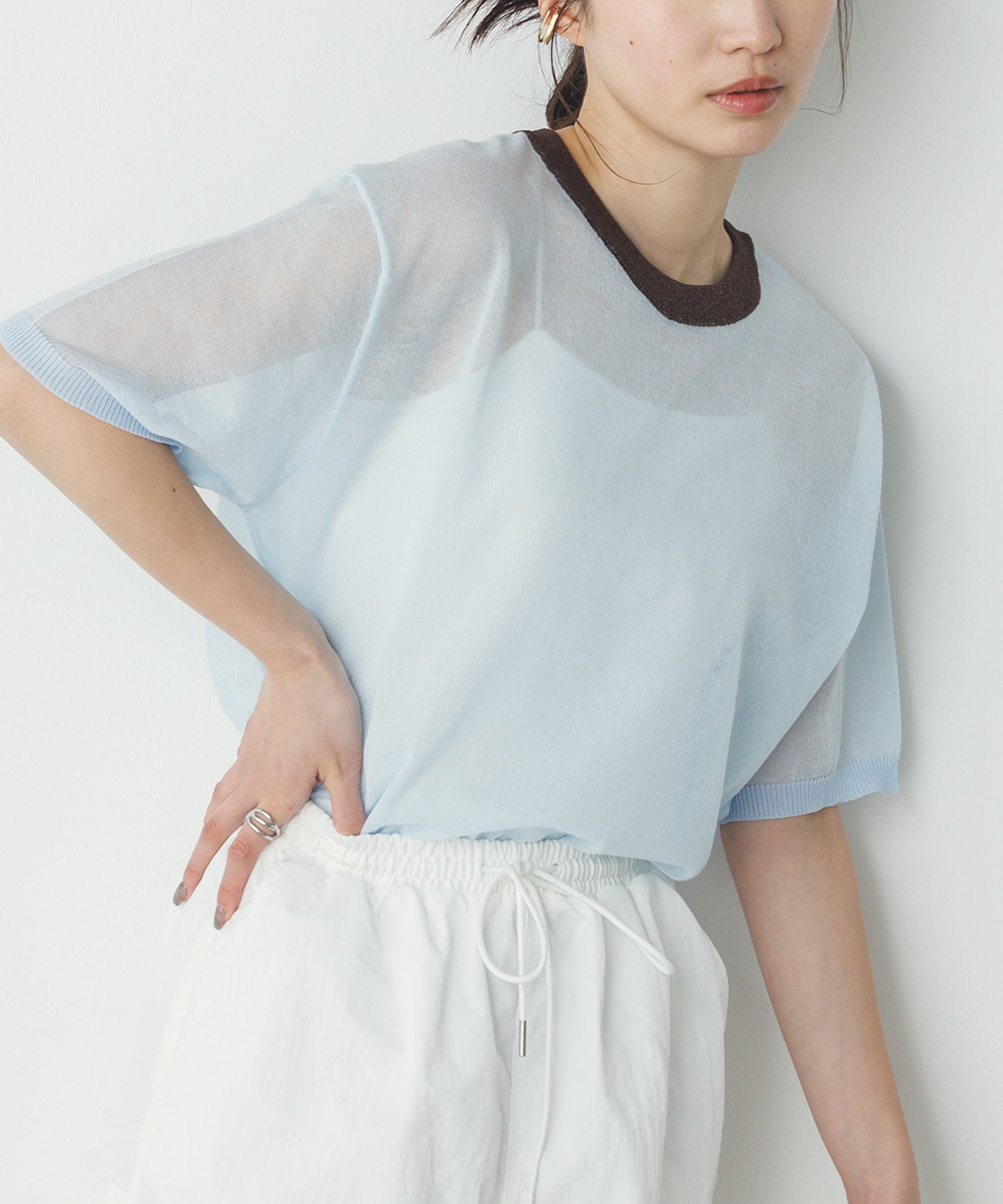 バイカラー シアー半袖ニット