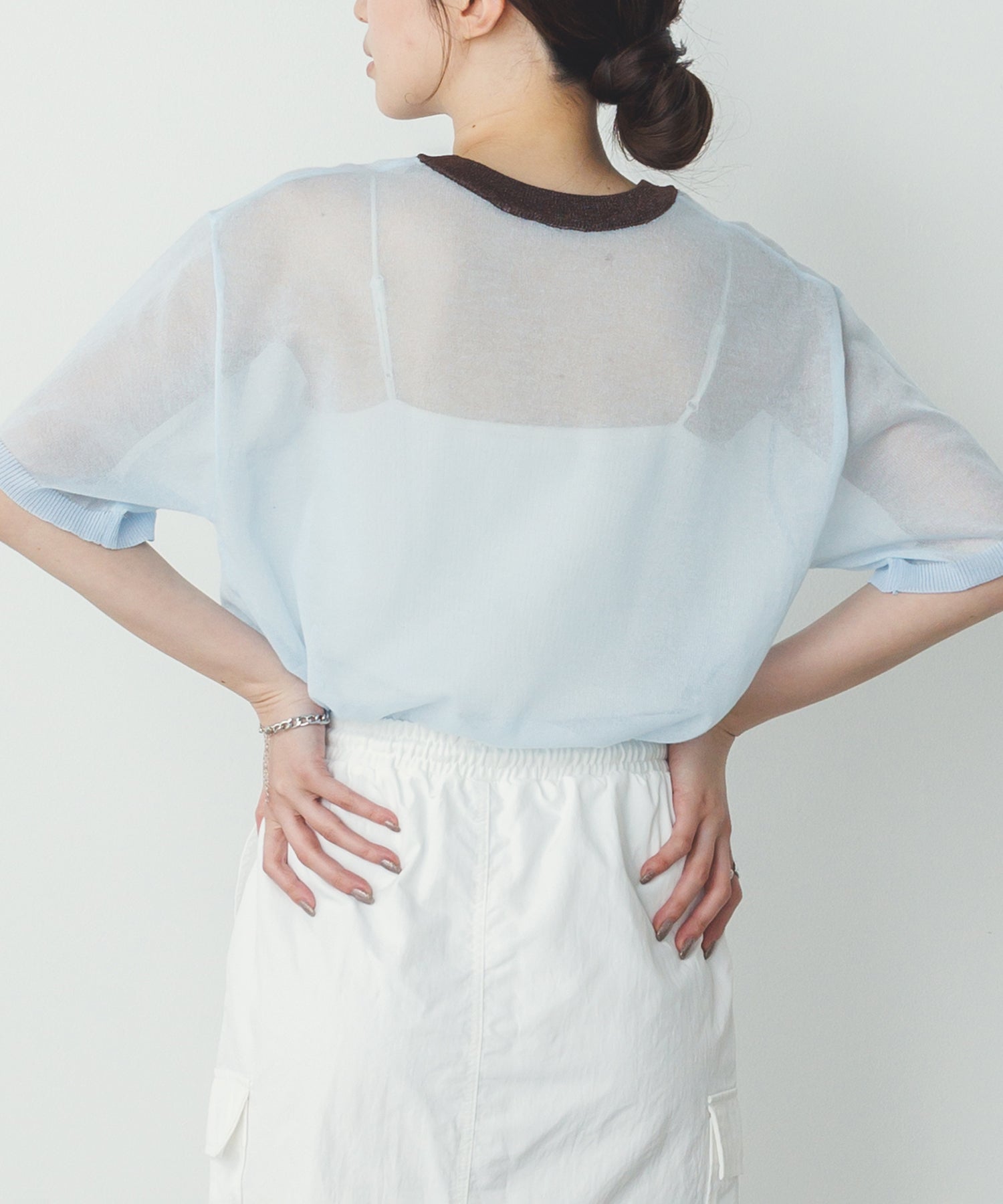 バイカラー シアー半袖ニット