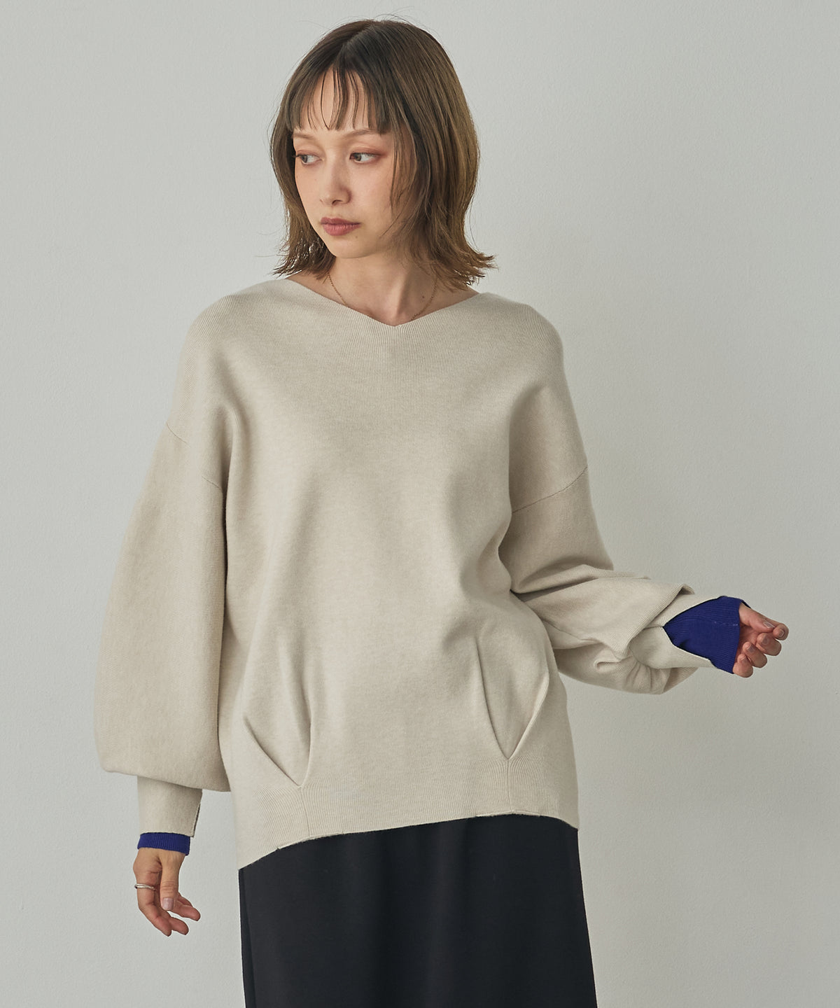 [ANTI-STATIC] YAWAMOCHI YARN PUFFY-SLEEVE COLOR-BLOCK KNIT