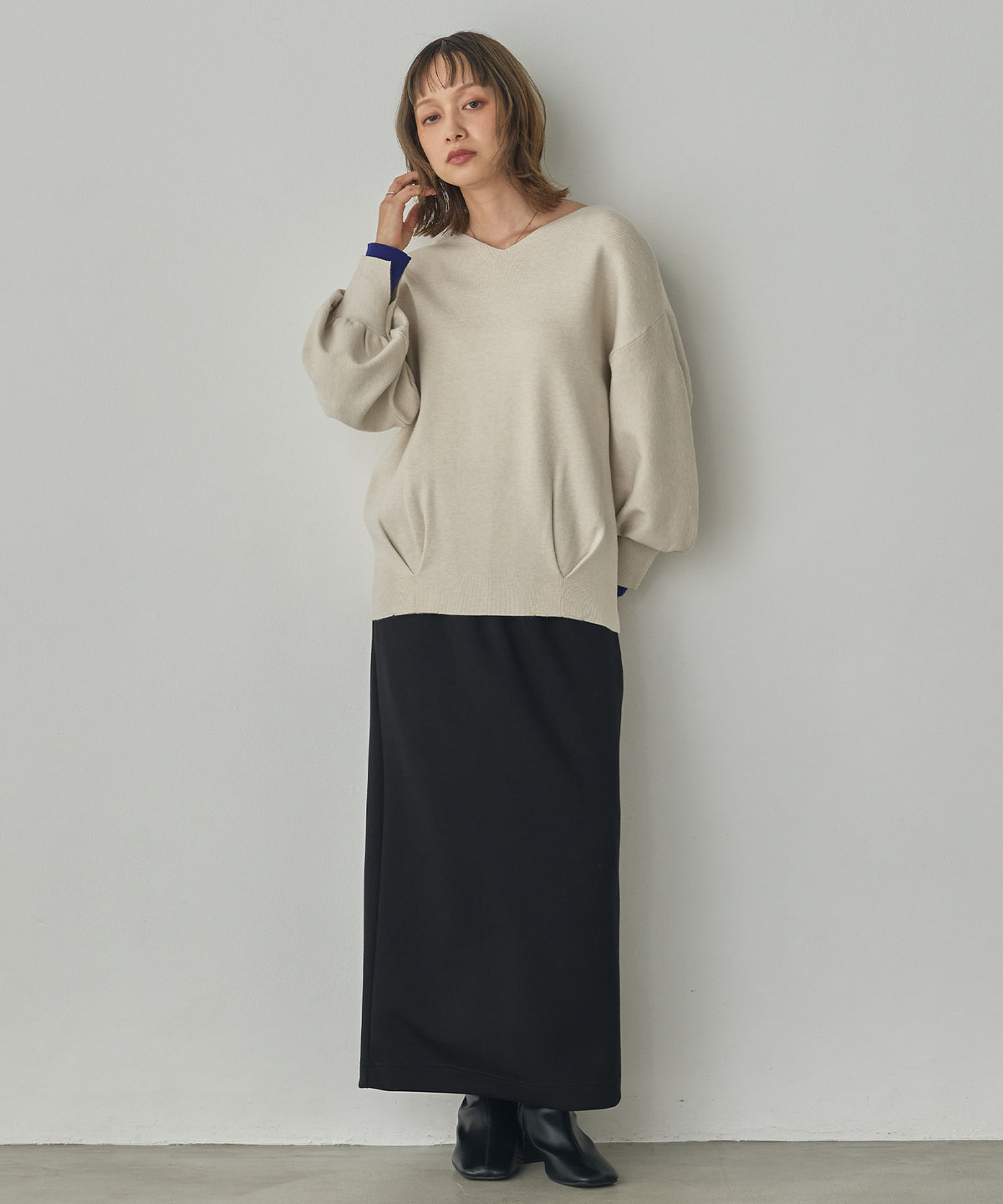 [ANTI-STATIC] YAWAMOCHI YARN PUFFY-SLEEVE COLOR-BLOCK KNIT