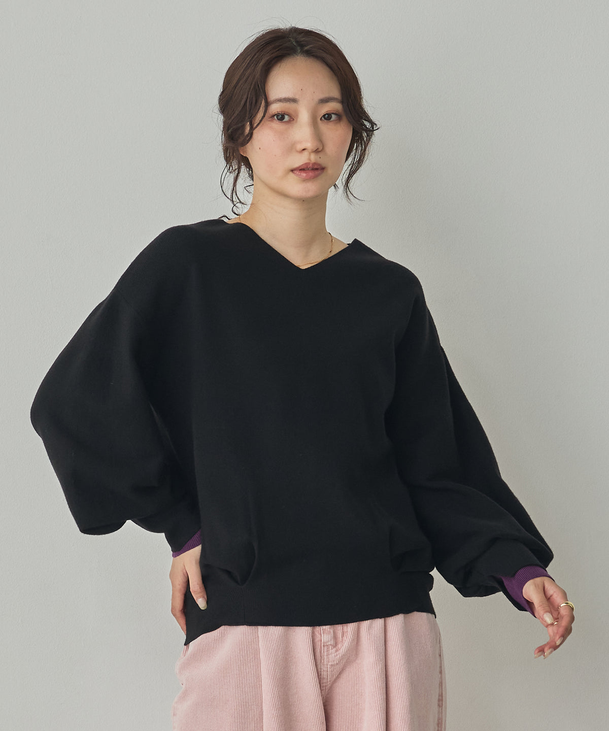 [ANTI-STATIC] YAWAMOCHI YARN PUFFY-SLEEVE COLOR-BLOCK KNIT