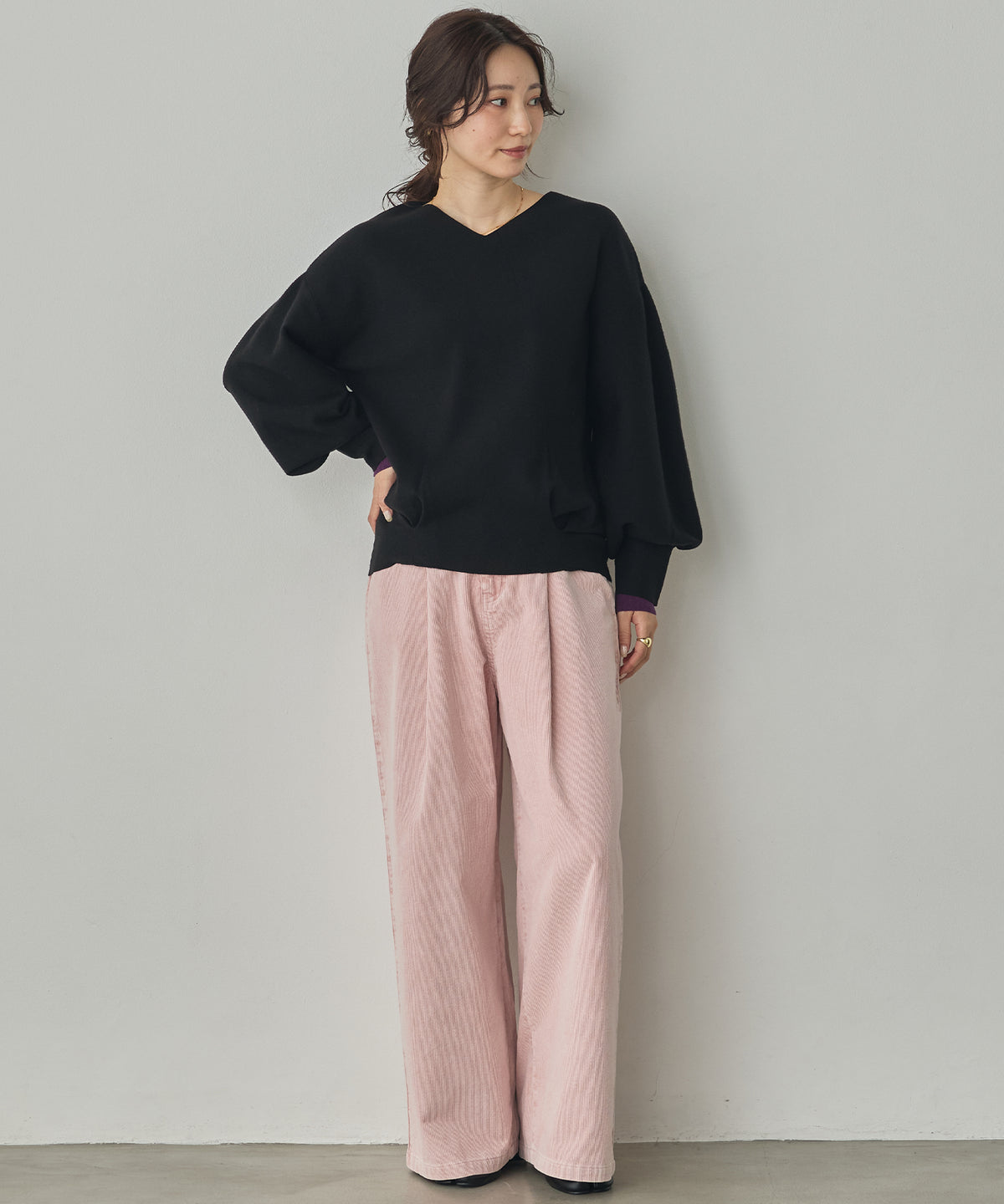 [ANTI-STATIC] YAWAMOCHI YARN PUFFY-SLEEVE COLOR-BLOCK KNIT