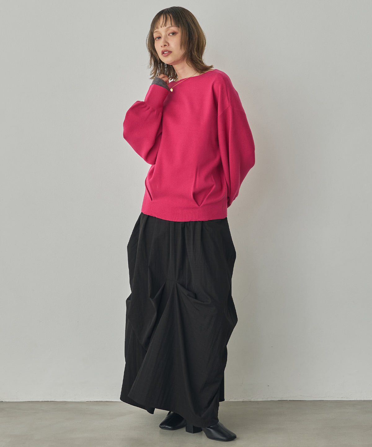 [ANTI-STATIC] YAWAMOCHI YARN PUFFY-SLEEVE COLOR-BLOCK KNIT