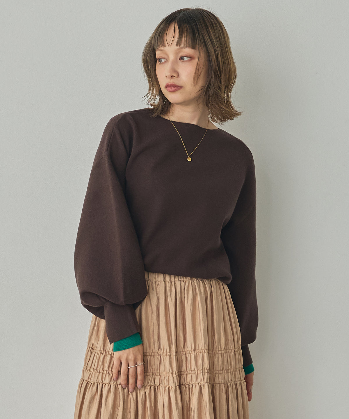 [ANTI-STATIC] YAWAMOCHI YARN PUFFY-SLEEVE COLOR-BLOCK KNIT
