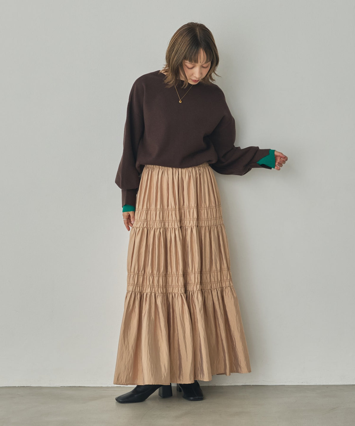 [ANTI-STATIC] YAWAMOCHI YARN PUFFY-SLEEVE COLOR-BLOCK KNIT