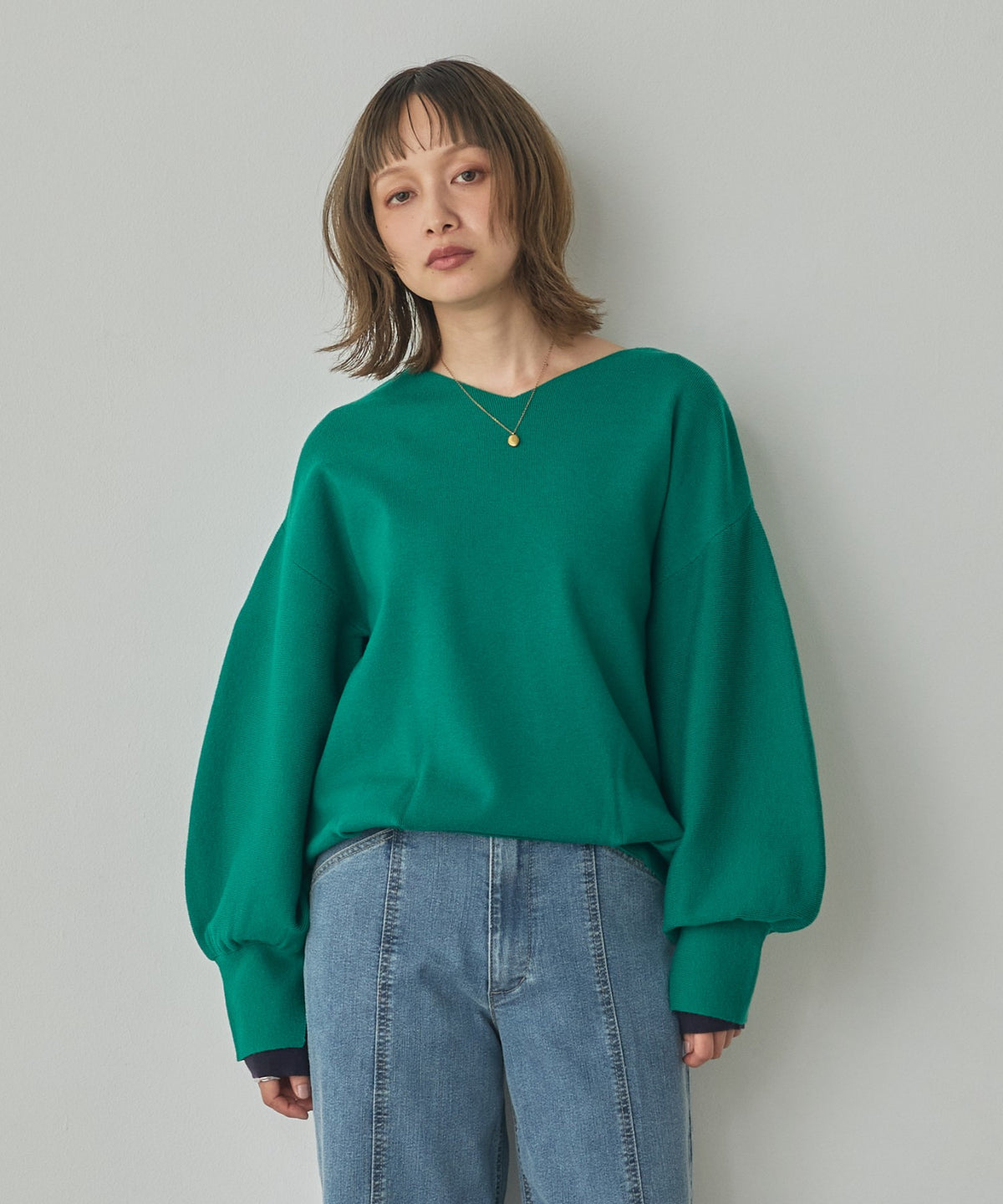 [ANTI-STATIC] YAWAMOCHI YARN PUFFY-SLEEVE COLOR-BLOCK KNIT