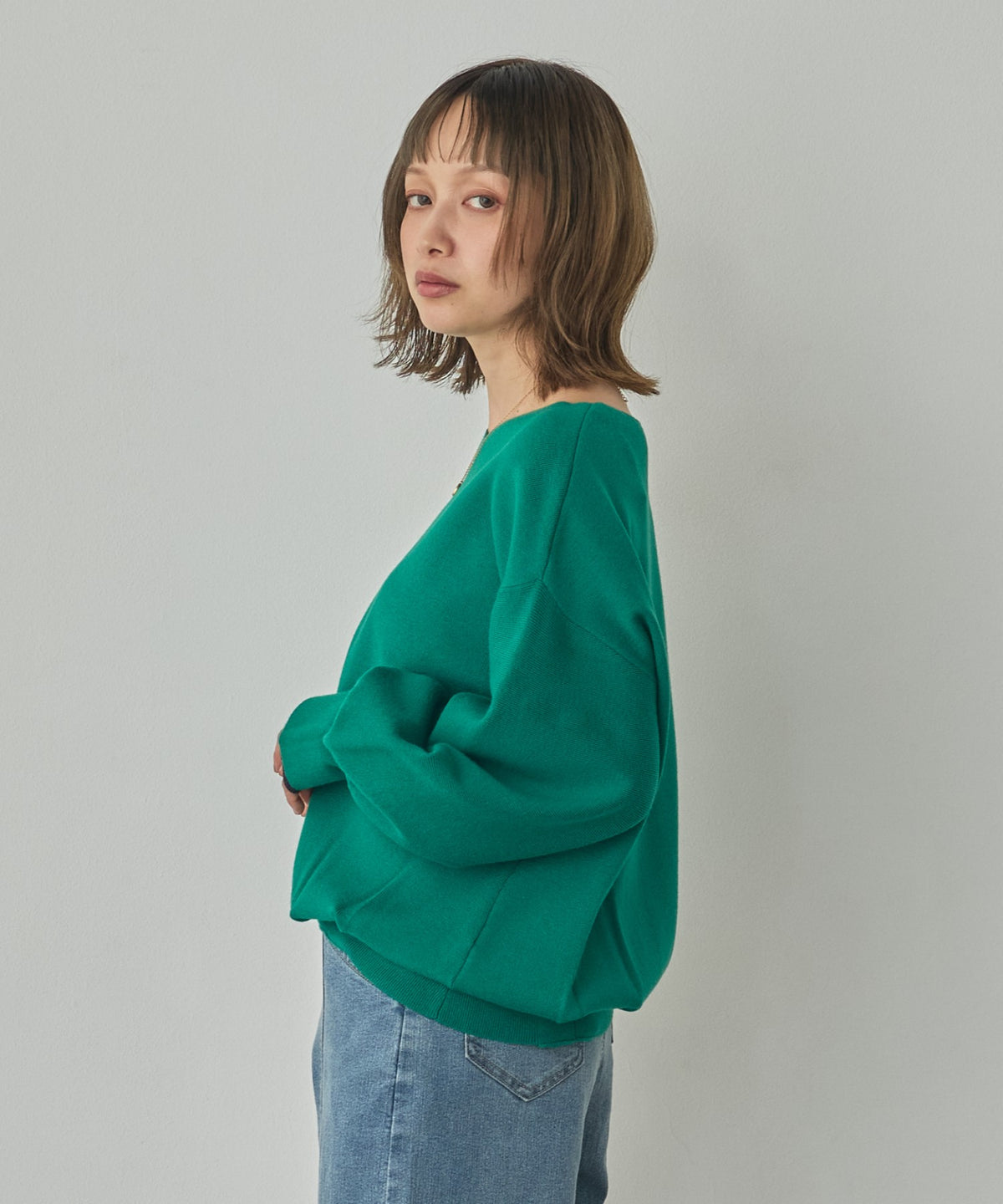 [ANTI-STATIC] YAWAMOCHI YARN PUFFY-SLEEVE COLOR-BLOCK KNIT