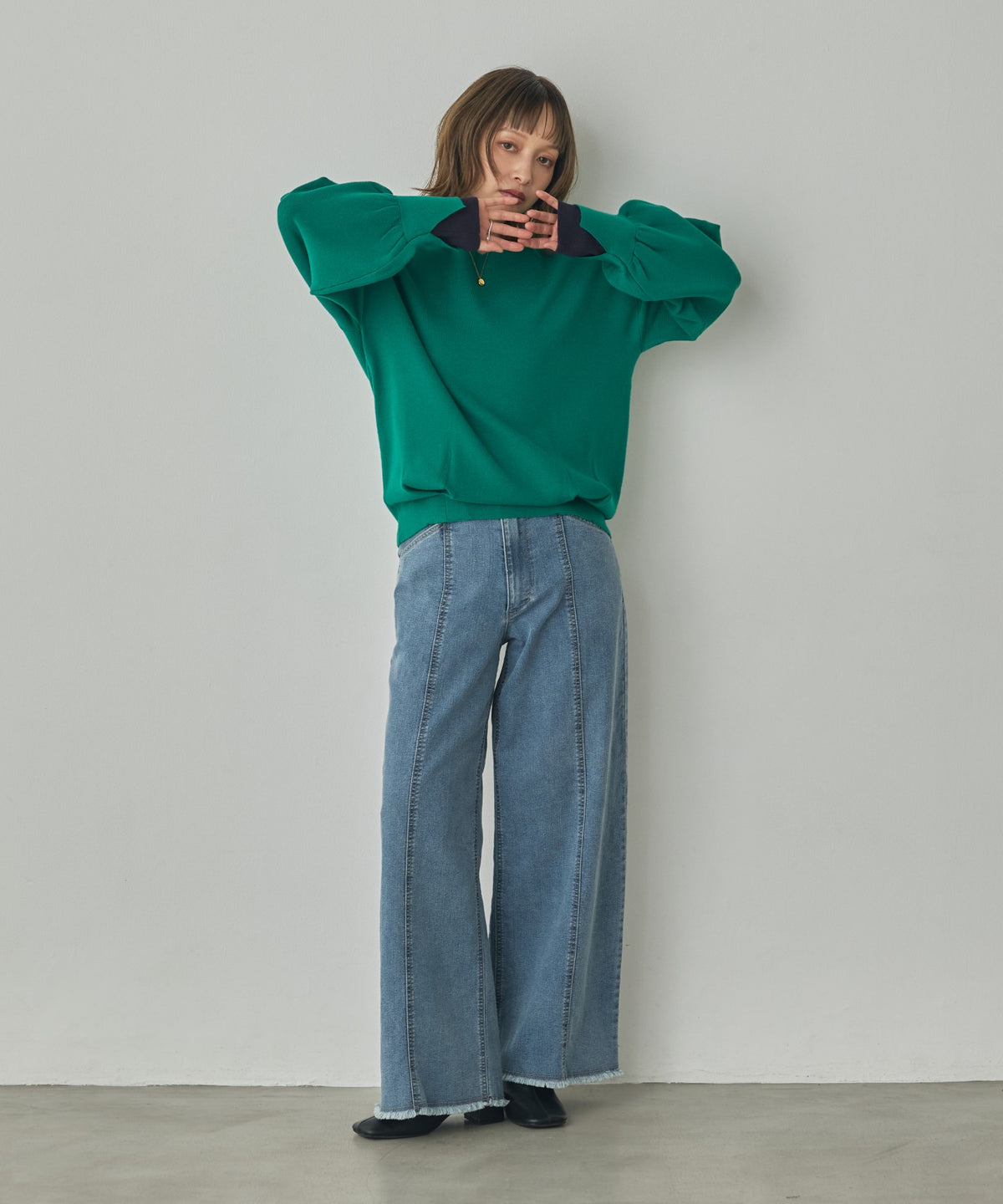 [ANTI-STATIC] YAWAMOCHI YARN PUFFY-SLEEVE COLOR-BLOCK KNIT