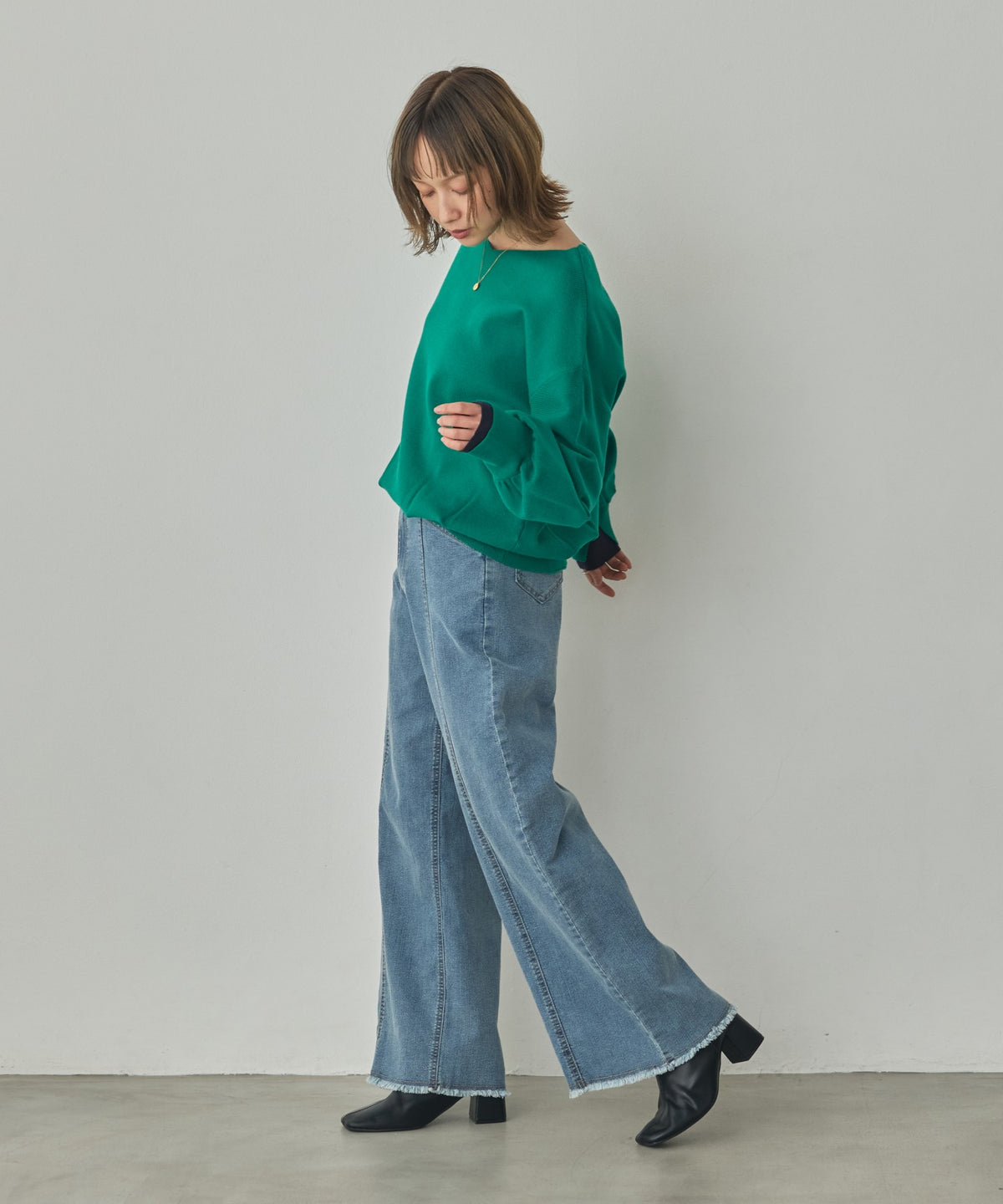[ANTI-STATIC] YAWAMOCHI YARN PUFFY-SLEEVE COLOR-BLOCK KNIT