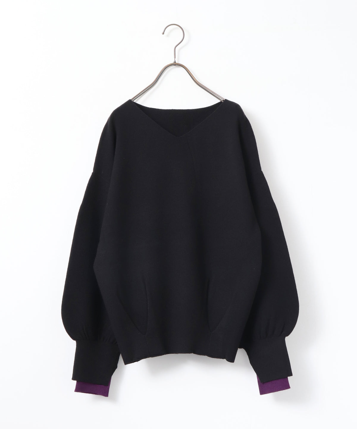 [ANTI-STATIC] YAWAMOCHI YARN PUFFY-SLEEVE COLOR-BLOCK KNIT