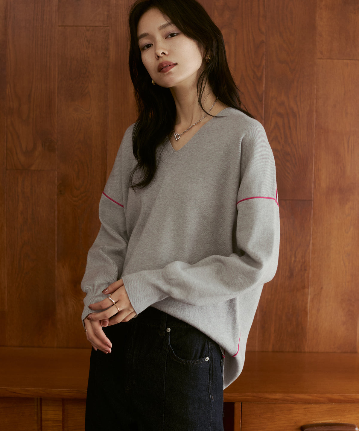 [ANTI-STATIC] YAWAMOCHI YARN COLOR-BLOCKED DROP-SHOULDER KNIT