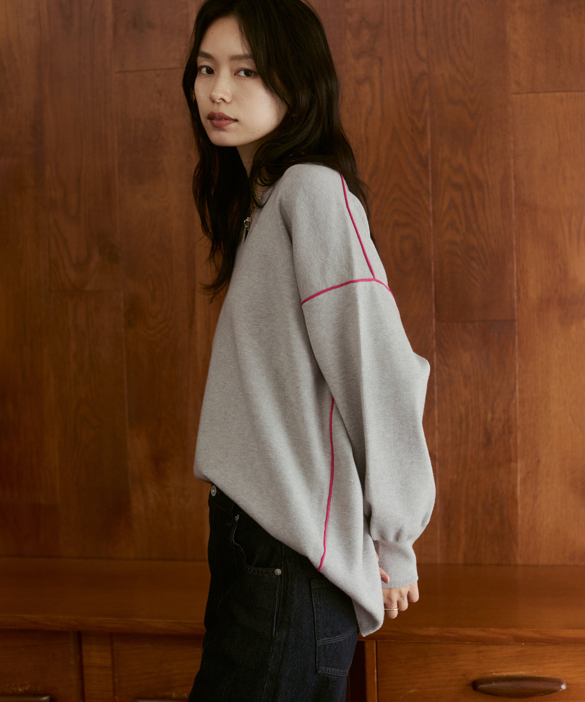 [ANTI-STATIC] YAWAMOCHI YARN COLOR-BLOCKED DROP-SHOULDER KNIT