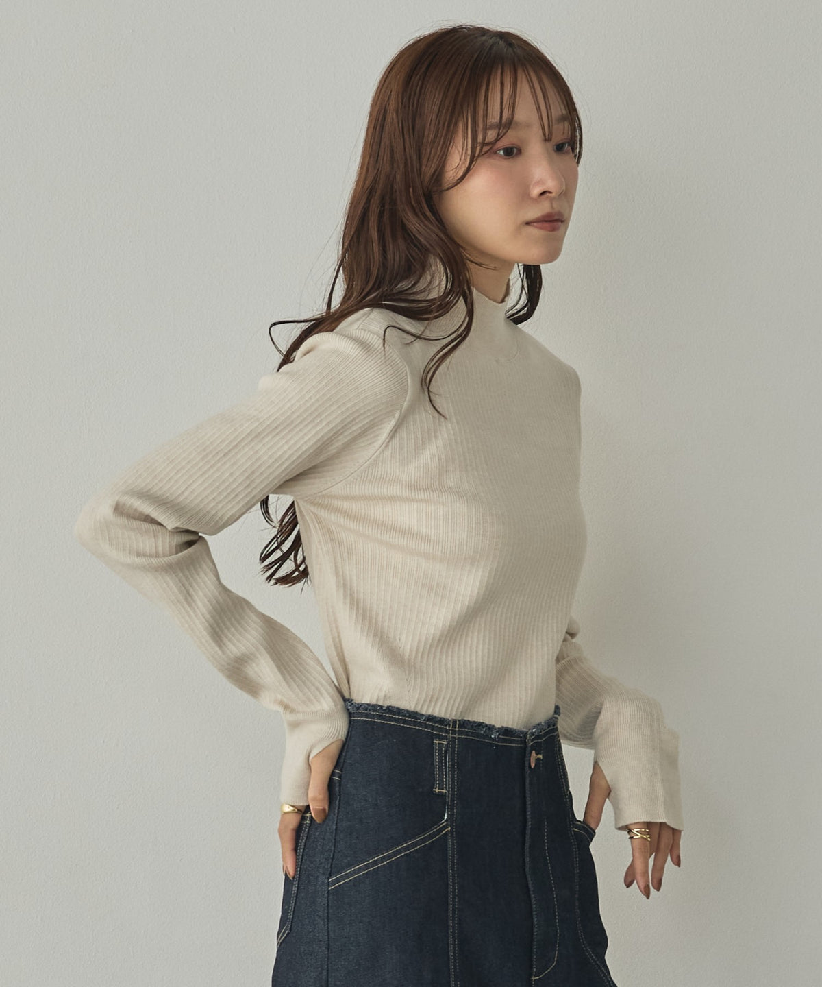 [ANTI-STATIC] YAWAMOCHI YARN THUMB-HOLE HIGH-NECK KNIT