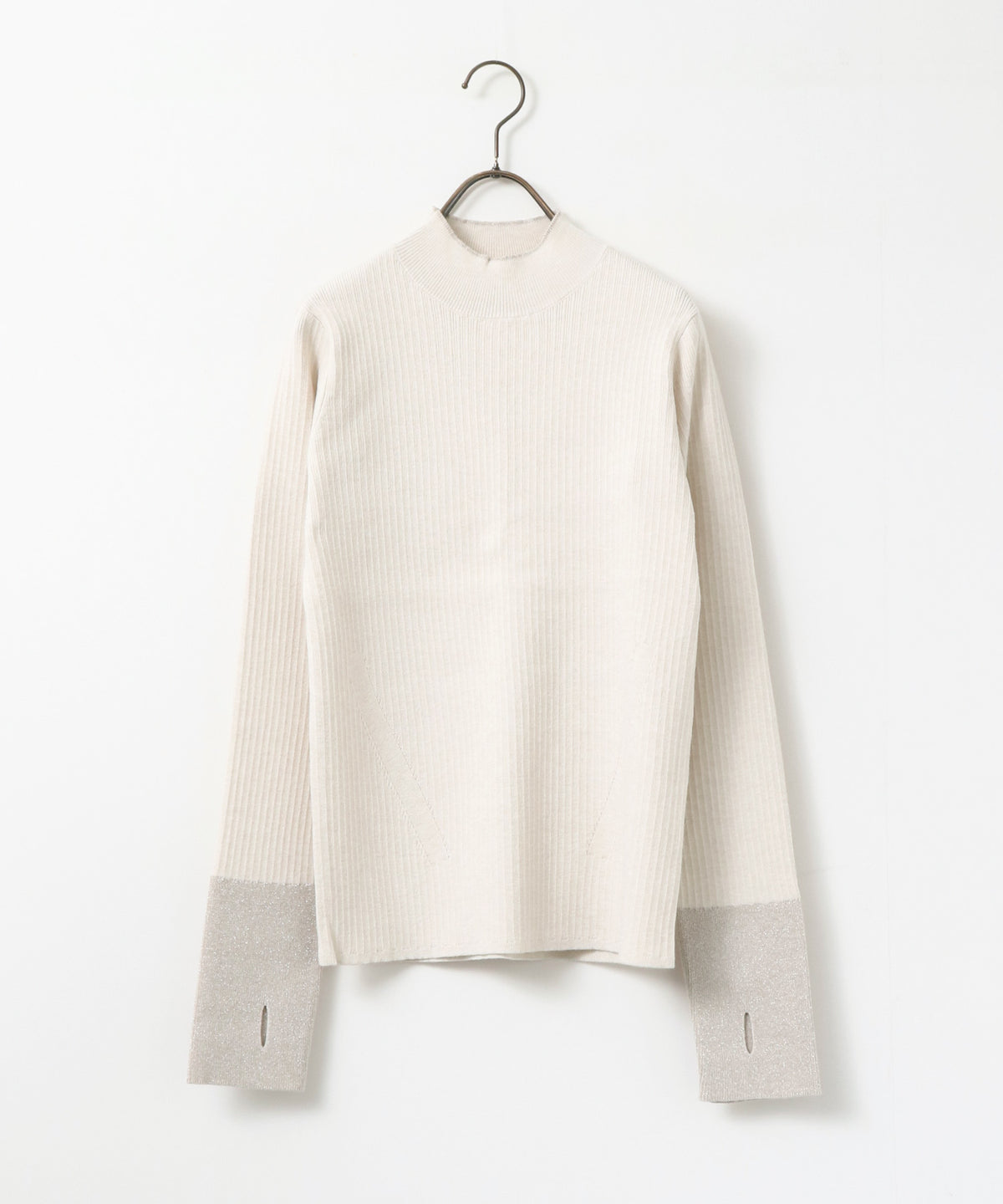 [ANTI-STATIC] YAWAMOCHI YARN RIBBED COLOR-BLOCKED THUMBHOLE HIGH-NECK KNIT