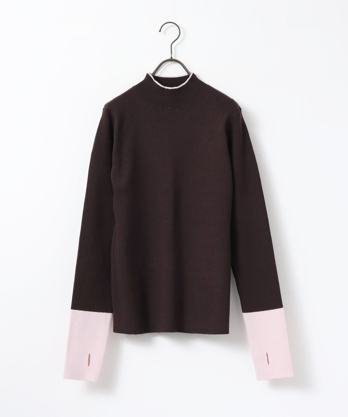 [ANTI-STATIC] YAWAMOCHI YARN RIBBED COLOR-BLOCKED THUMBHOLE HIGH-NECK KNIT