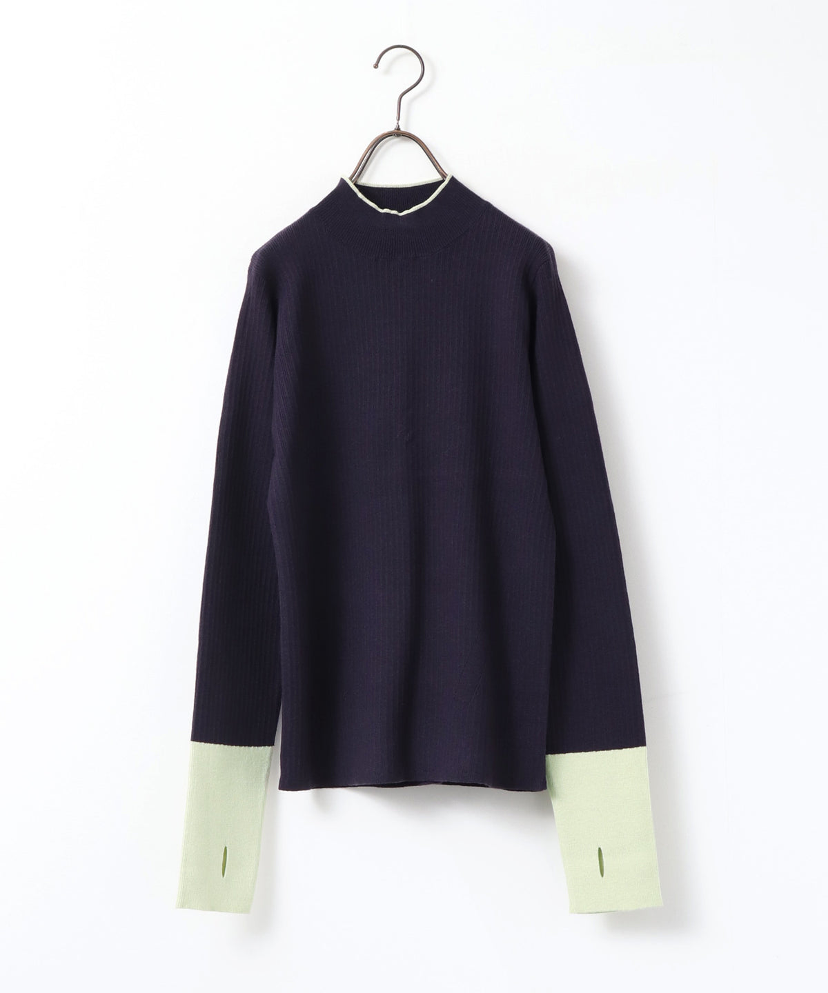 [ANTI-STATIC] YAWAMOCHI YARN RIBBED COLOR-BLOCKED THUMBHOLE HIGH-NECK KNIT