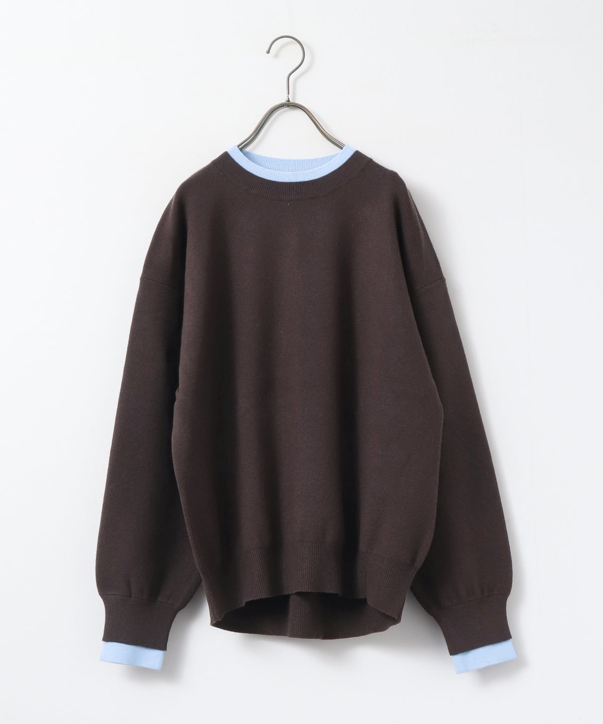 [ANTI-STATIC] YAWAMOCHI YARN CREW-NECK COLOR-BLOCK LAYERED KNIT