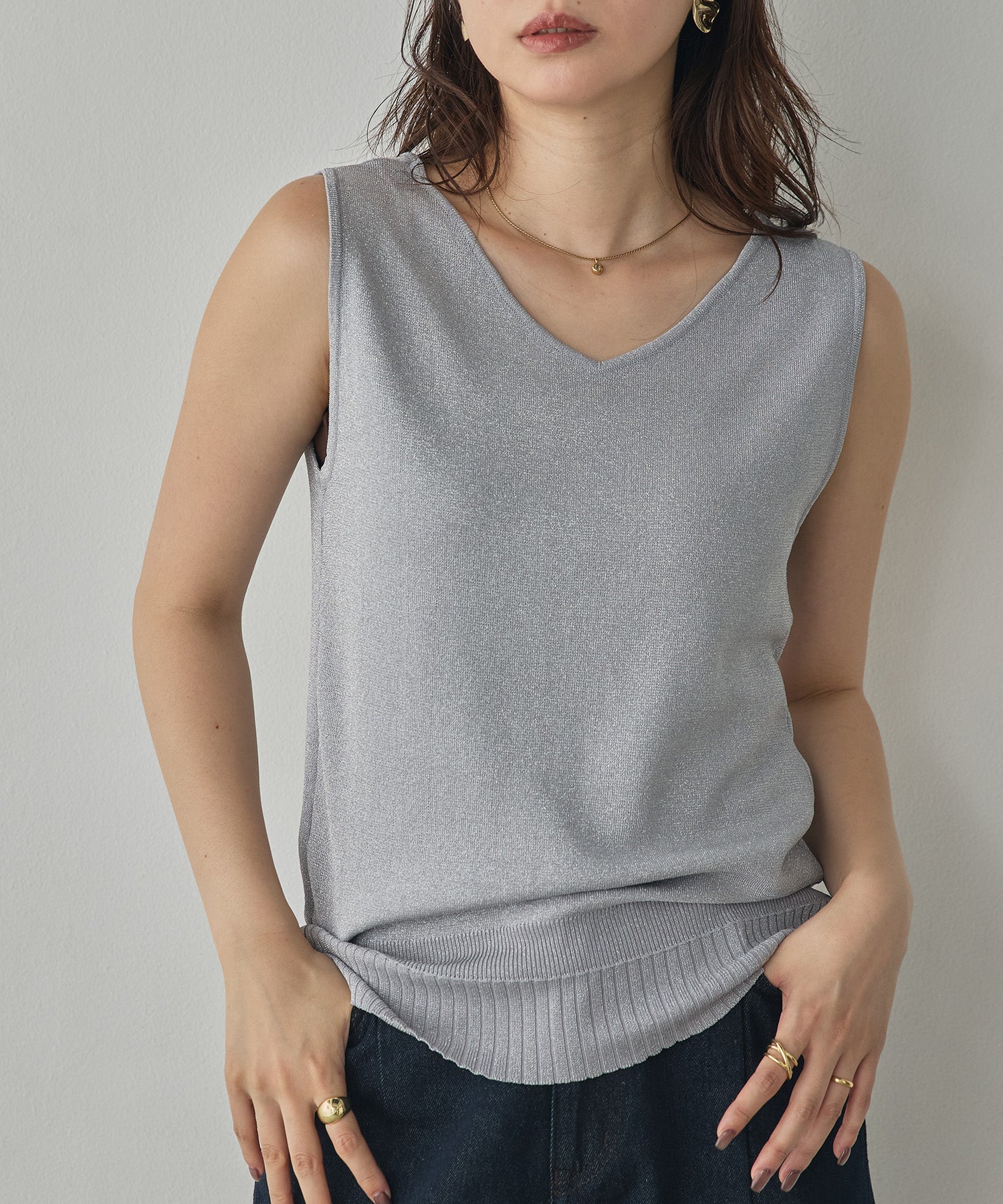 V-NECK SEQUIN-KNIT SQUARE-NECK TANK TOP