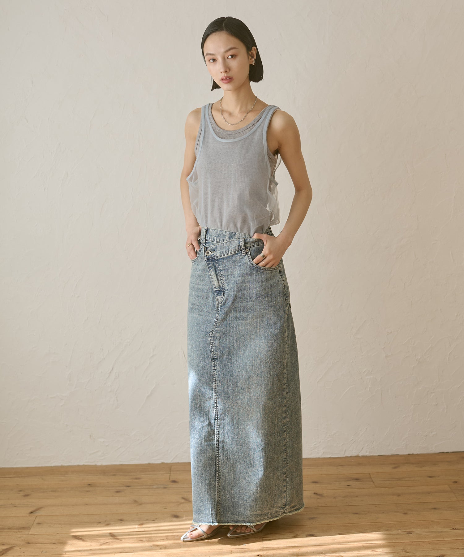 チュールレイヤード リブタンクトップ