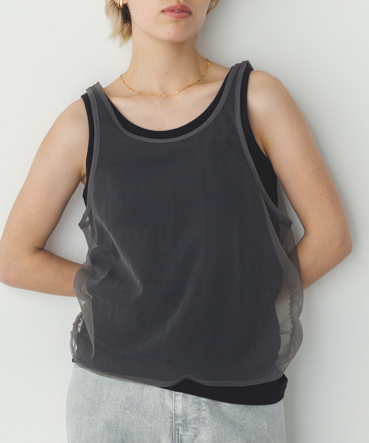 チュールレイヤード リブタンクトップ