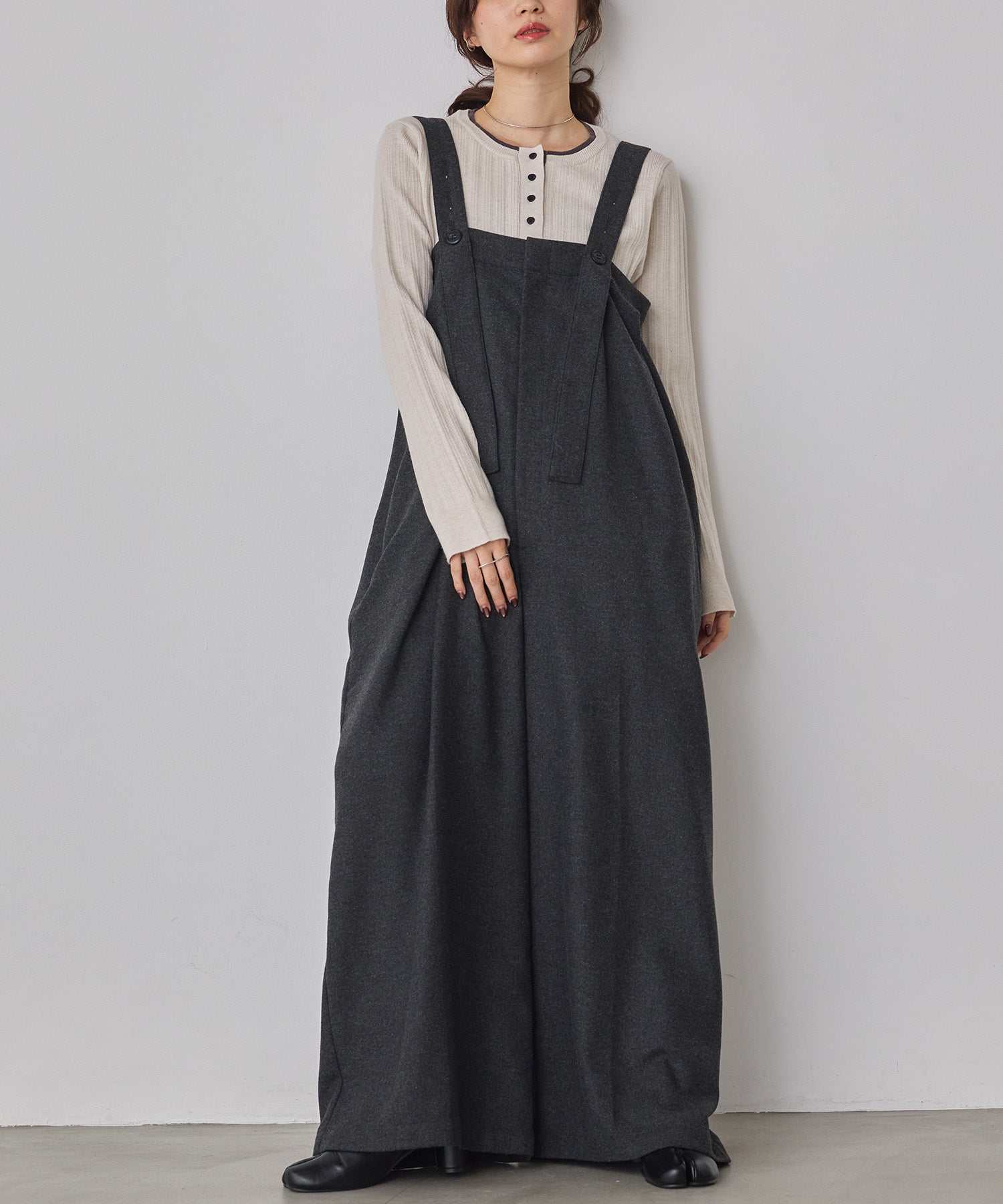 ウール混 ワイドサロペット