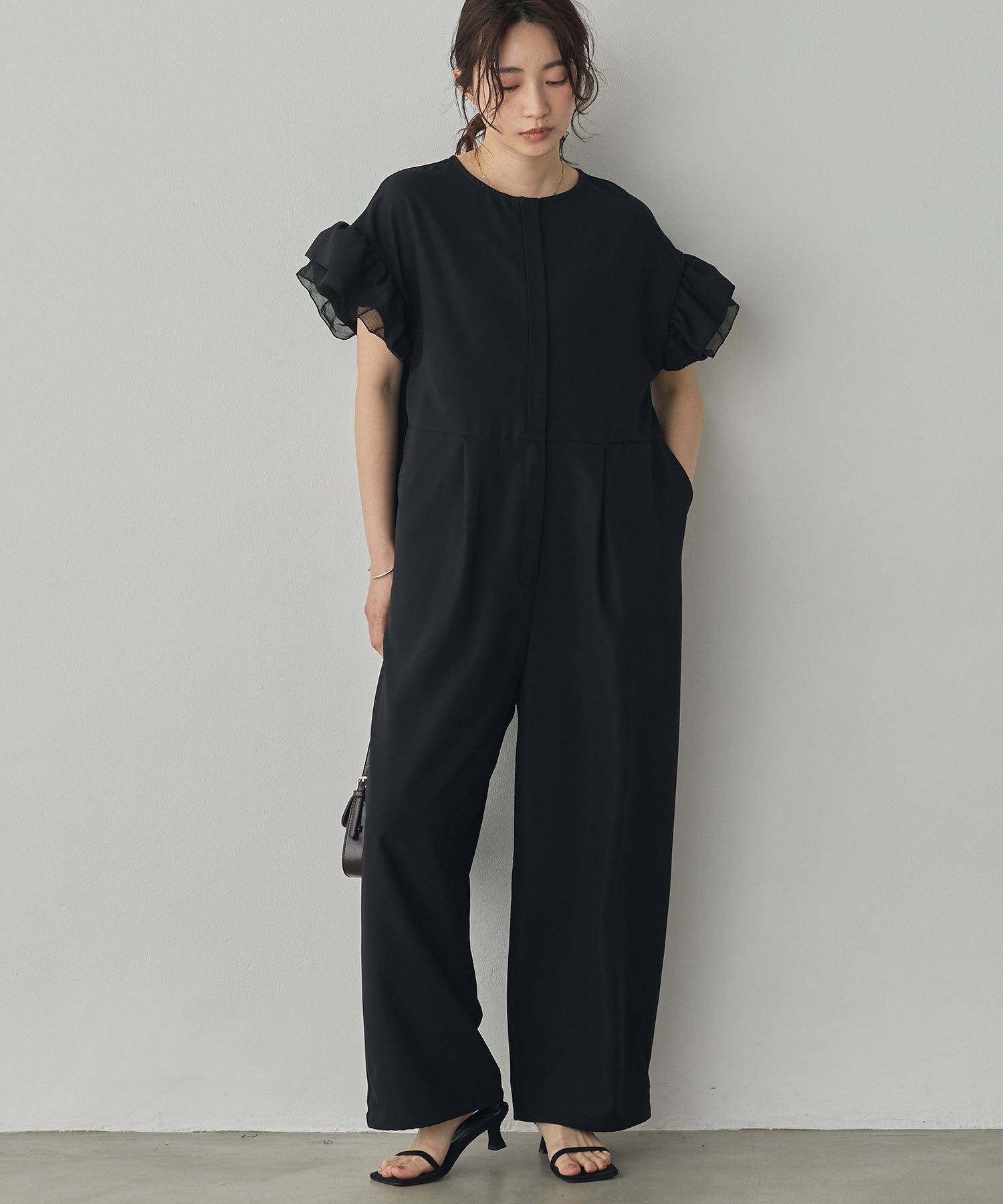 LINEN-LIKE RUFFLE-SLEEVE JUMPSUIT