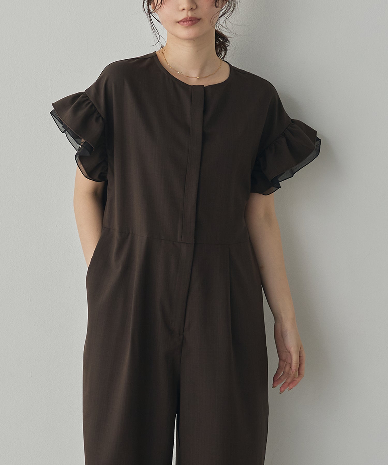 LINEN-LIKE RUFFLE-SLEEVE JUMPSUIT