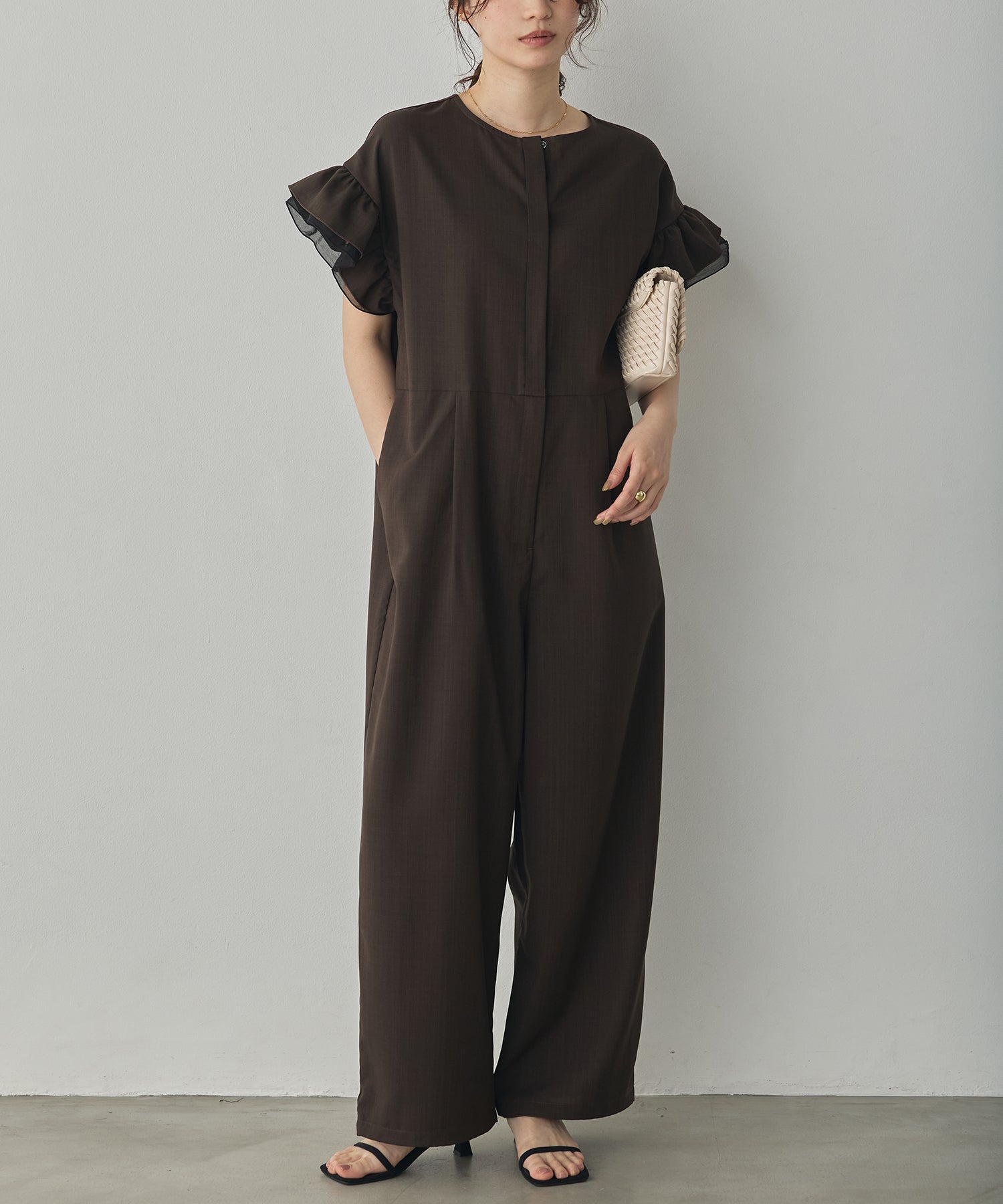 LINEN-LIKE RUFFLE-SLEEVE JUMPSUIT