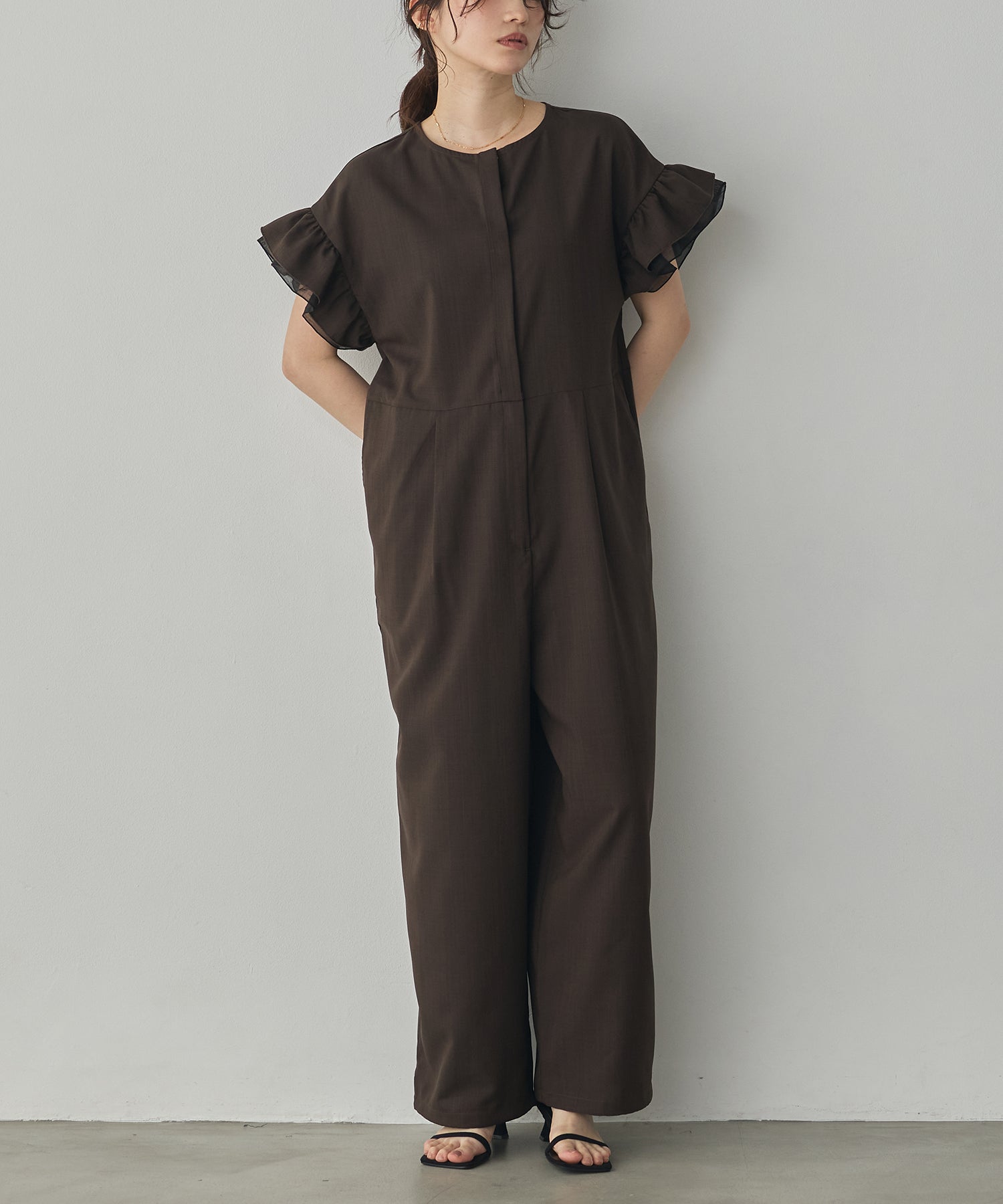 LINEN-LIKE RUFFLE-SLEEVE JUMPSUIT