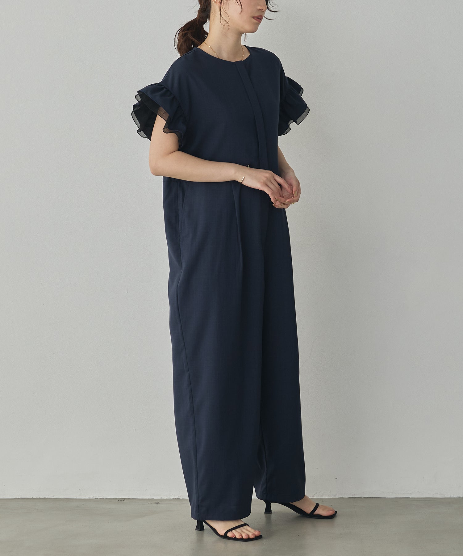 LINEN-LIKE RUFFLE-SLEEVE JUMPSUIT