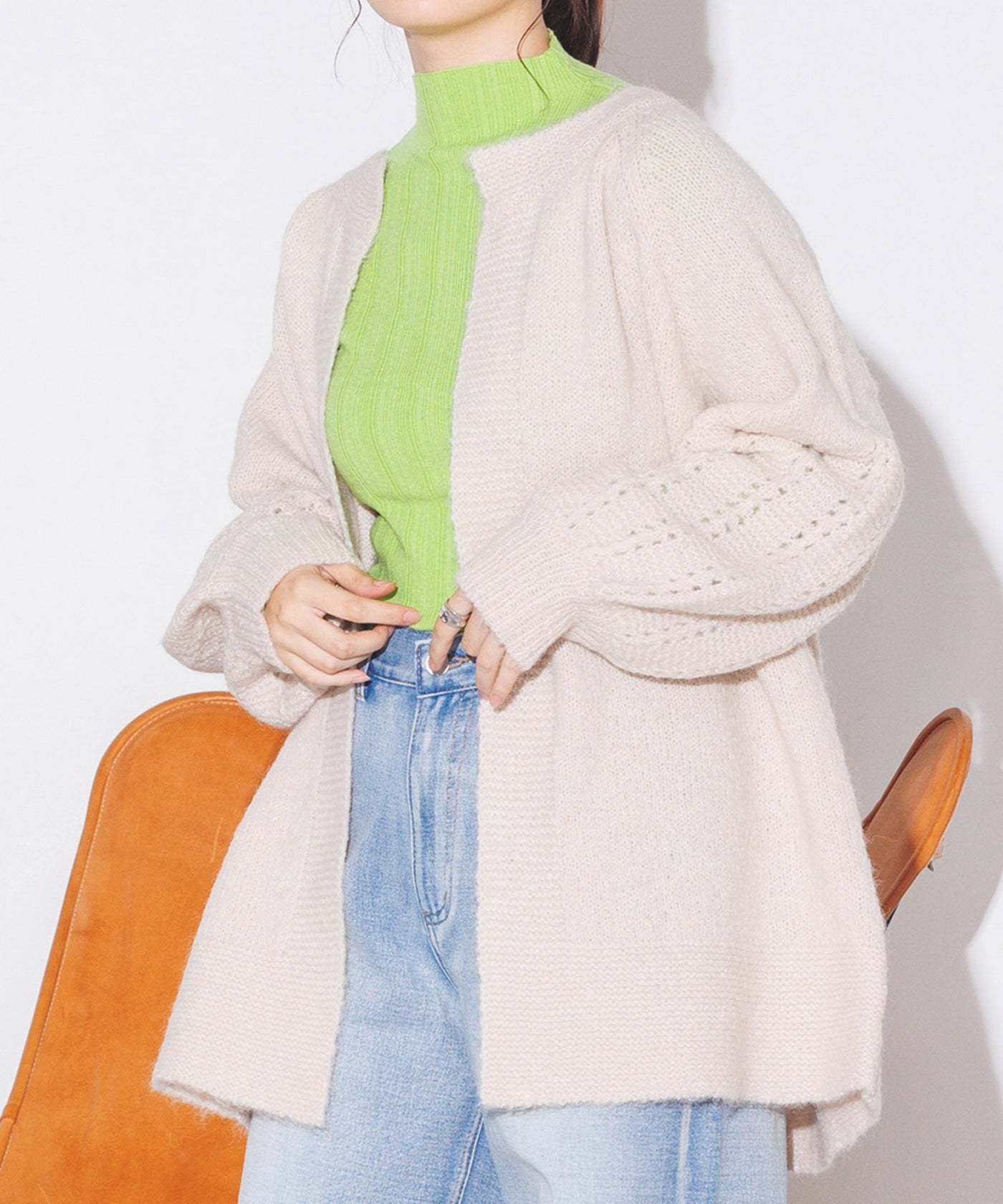 トッパーニットカーディガン | 秋冬 長袖 オーバーサイズ 透かし編み  