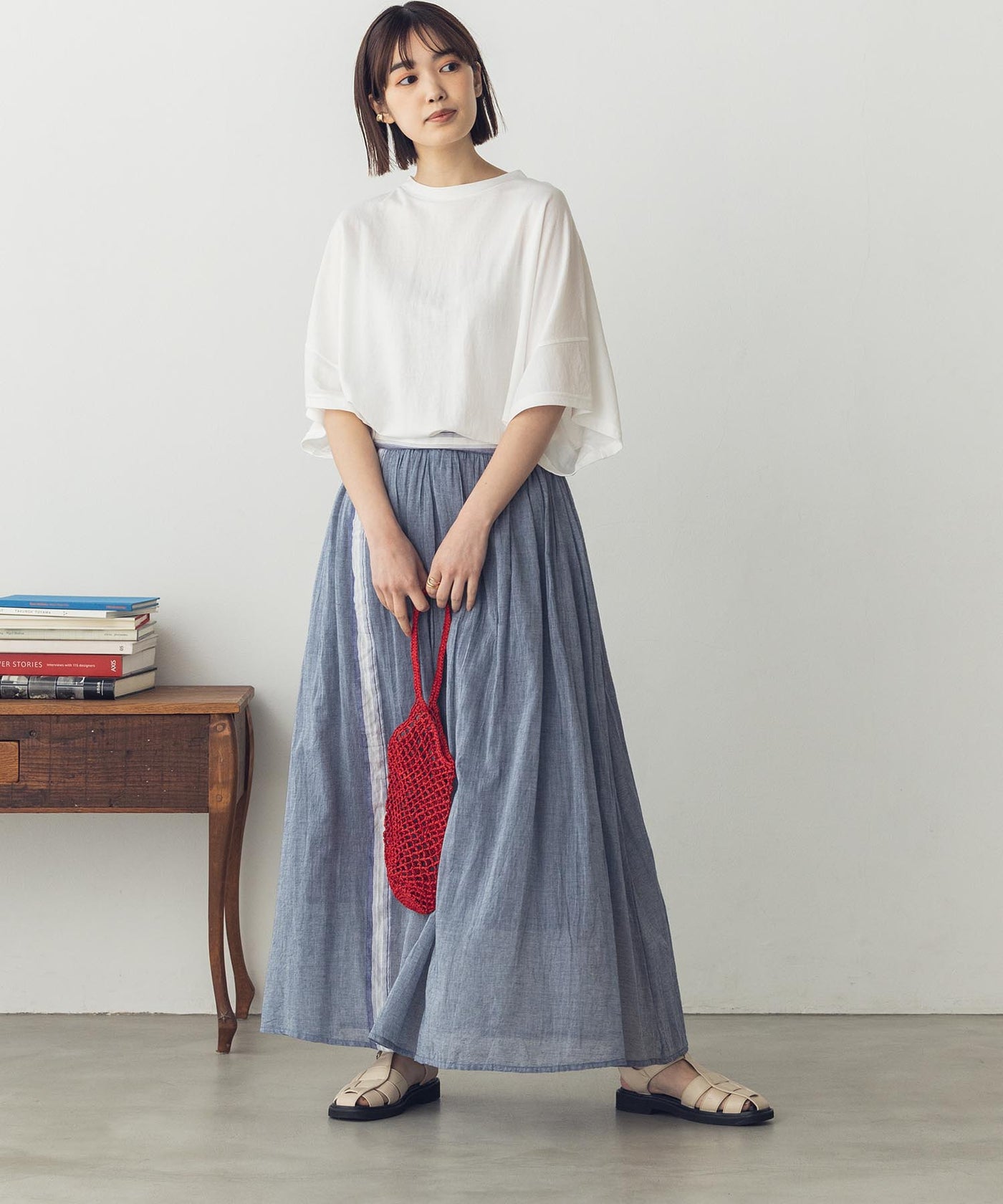 コットンボイル ライン入り ギャザーフレアスカート – hunch