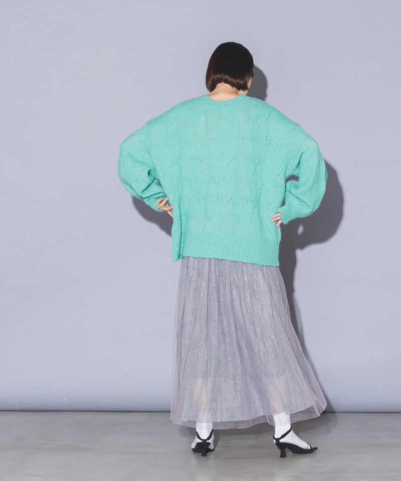 レトロ柄編みクルーネックローゲージニット | 秋冬 長袖 体型カバー ふわふわ 透かし編み