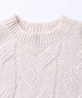 レトロ柄編みクルーネックローゲージニット | 秋冬 長袖 体型カバー ふわふわ 透かし編み